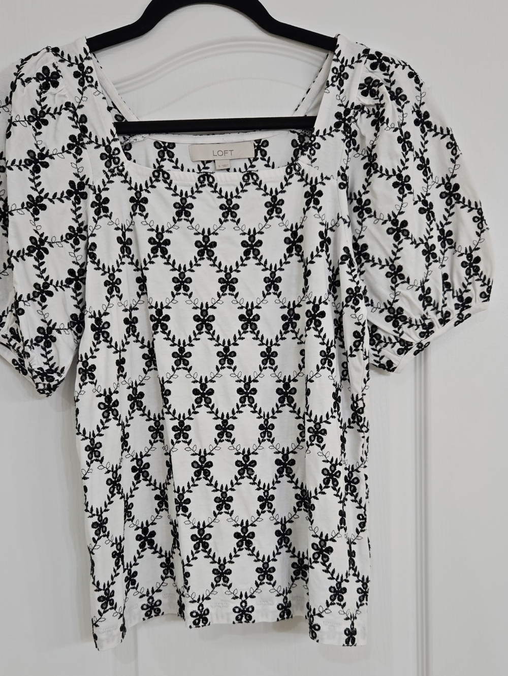 LOFT White Short Sleeve Top with Black Embroidered Lattice